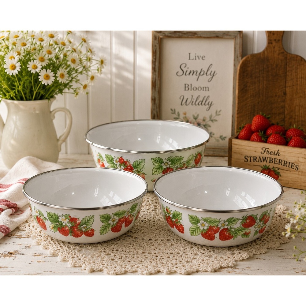 VINTAGE Kobe Kitchen Strawberry Pattern 3 Metal Bowls Enamelware Cottagecore